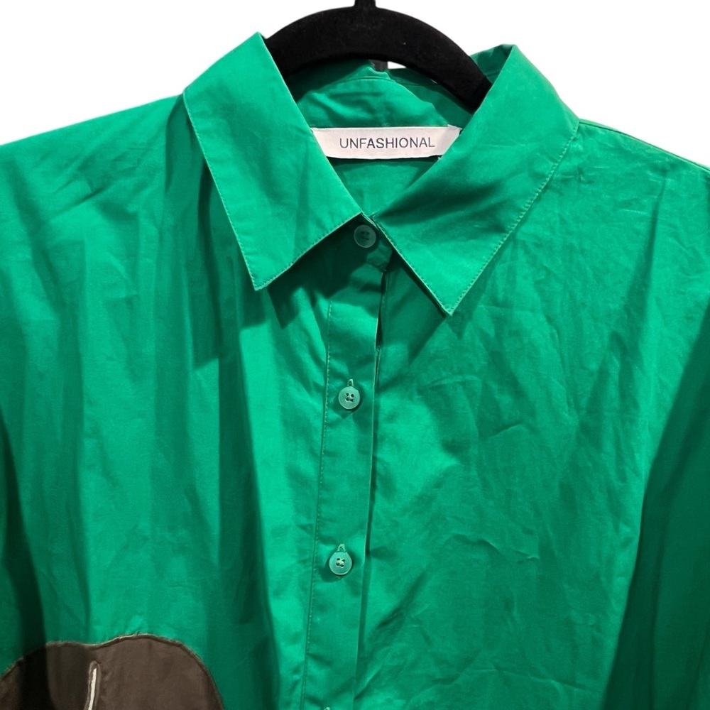 Unfashional Japanese Designer Green Button Front Abstract Face Art Oversized - Picture 3 of 10